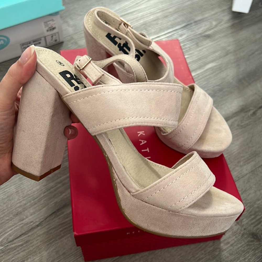 Nude suede, chunky heel sandal